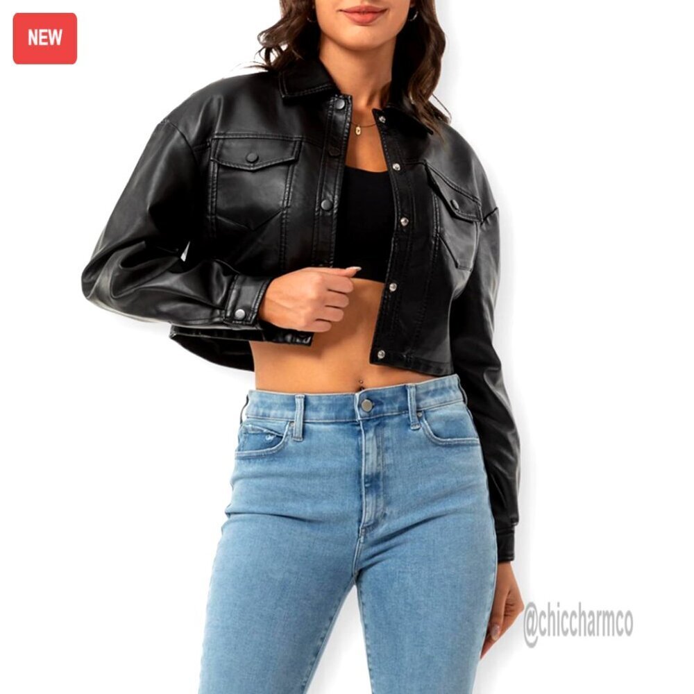 Faux Leather Cropped Moto Jacket Trendy Biker Style Y2K Chic Party Wear